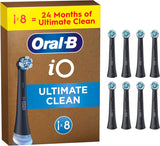 Set of 8 black Oral-B iO Ultimate Clean replacement brush heads for electric toothbrushes, shown with bristles and attachment base.