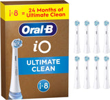 Eight white Oral-B iO Ultimate Clean replacement toothbrush heads for electric toothbrushes, arranged in a pack.