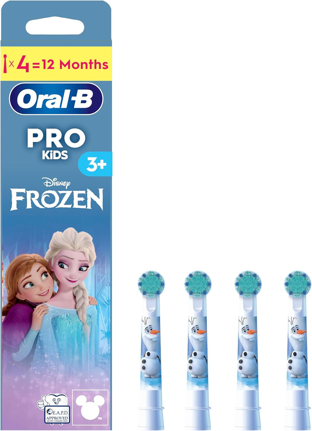 Four Oral-B Kids Disney Frozen replacement toothbrush heads with colorful Frozen-themed designs for children’s oral care.