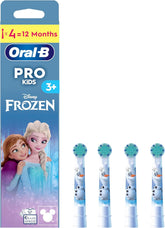 Four Oral-B Kids Disney Frozen replacement toothbrush heads with colorful Frozen-themed designs for children’s oral care.