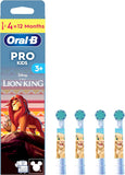 Oral-B Kids Disney Lion King replacement toothbrush heads, 4-pack showing colorful cartoon lion characters for children's oral care.