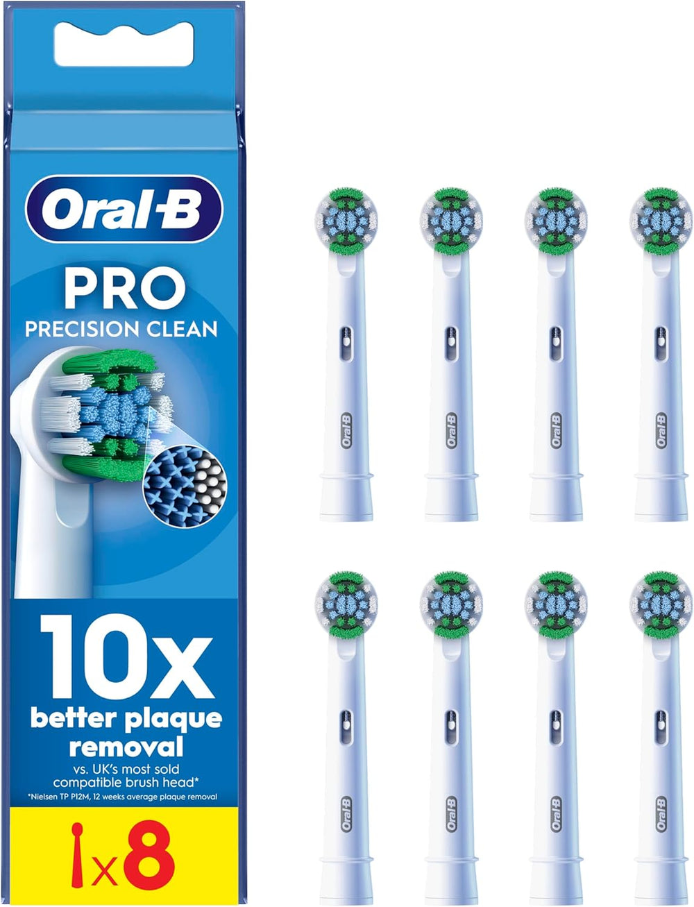 Eight Oral-B Precision Clean replacement toothbrush heads for optimal plaque removal and gentle cleaning.