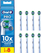Eight Oral-B Precision Clean replacement toothbrush heads for optimal plaque removal and gentle cleaning.