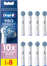 Oral-B Sensitive Clean replacement toothbrush heads, 8-pack, designed for gentle cleaning and compatible with Oral-B electric toothbrushes.