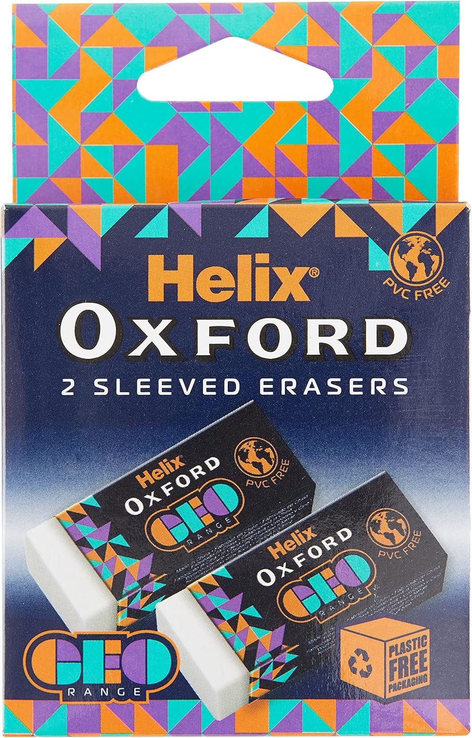 Orange Oxford Geo Twin Pk erasers shown, featuring a geometric design, ideal for students and artists.