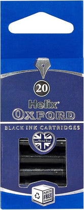 Pack of 20 Oxford Helix black ink cartridges for pens, suitable for refilling and writing smoothly.
