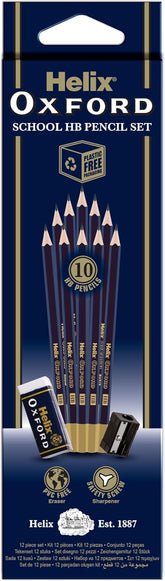 Oxford Helix Oxford X10 HB pencils with attached plastic sharpener and eraser, laid out on a plain surface.