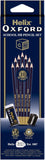 Oxford Helix Oxford X10 HB pencils with attached plastic sharpener and eraser, laid out on a plain surface.