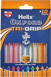 Set of 10 Oxford Writing Trigrip pens in assorted colors, featuring ergonomic grip and smooth ink flow.