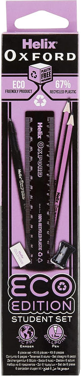 Pink Helix Oxford Eco Student Stationery Set with pens, pencils, and accessories displayed on a clean surface.