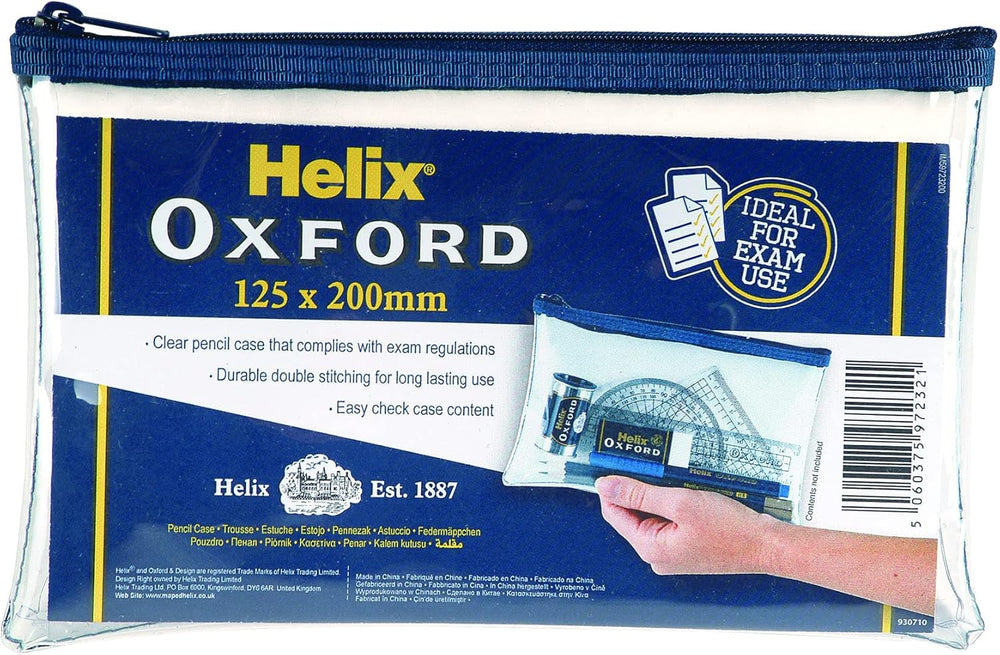 Oxford Helix Oxford 8-inch clear pencil case showing durable, compact storage with zipper closure and transparent design.
