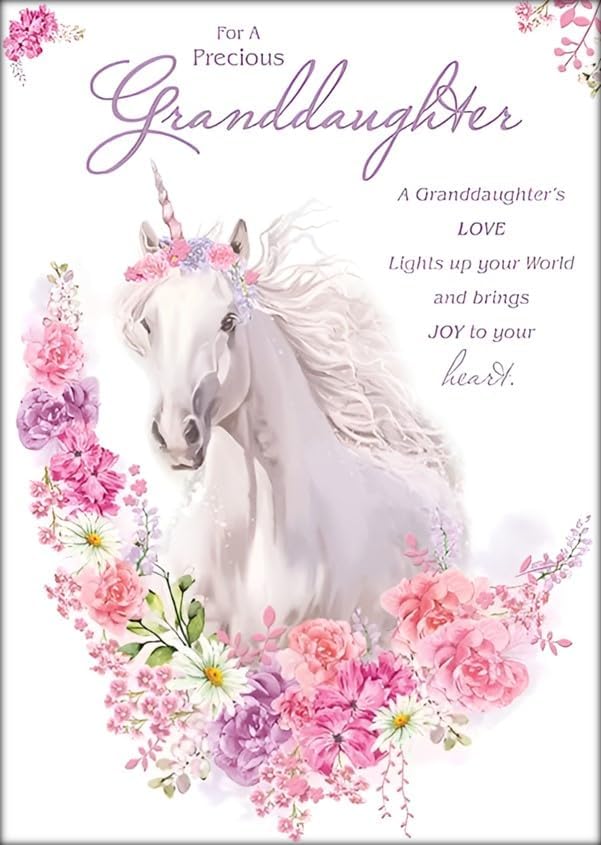Paper Rose Precious Granddaughter birthday card featuring a colorful unicorn design, ideal for celebrating special occasions.