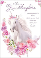 Paper Rose Precious Granddaughter birthday card featuring a colorful unicorn design, ideal for celebrating special occasions.