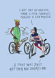 Funny Paperlink greeting card with cartoon illustration of a person clutching their leg, titled "Out of Breath & Pulled Leg Muscle."