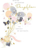 Paperlink artistic Happy Birthday Daughter card with butterflies, presents, and gold foil finish, featuring elegant design and vibrant colors.