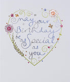Paperlink floral heart embossed birthday greeting card with foil detailing, featuring elegant floral and heart designs.