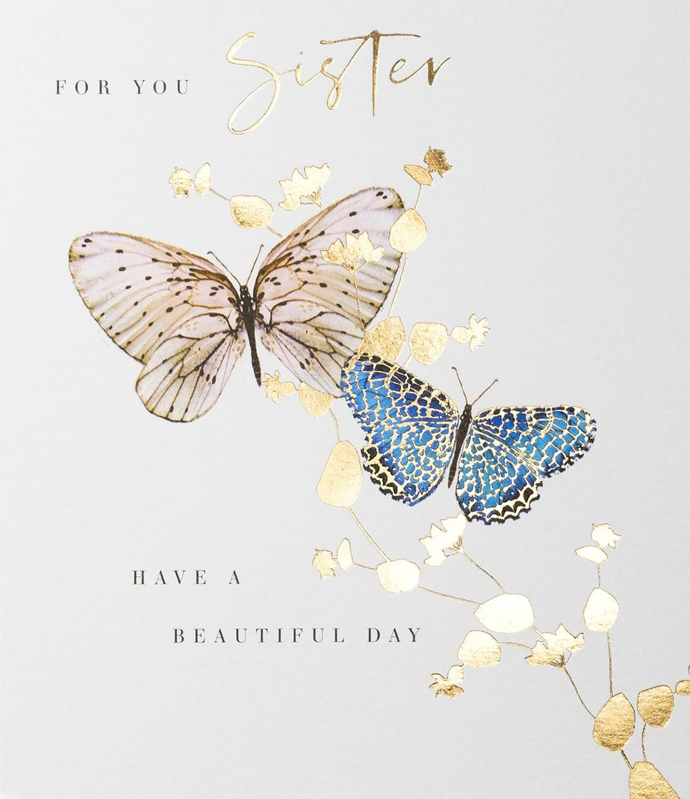 Paperlink Sister birthday greeting card with butterflies, flowers, and gold foil design, perfect for celebrating her special day.