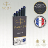 Set of five Parker fountain pen ink refill cartridges in blue Quink ink, designed for long-lasting writing with stationery and writing supplies.