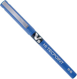 Blue Pilot V5 Liquid Ink Rollerball pen with 0.5 mm tip, shown from the side, highlighting the pen's sleek design and ink color.
