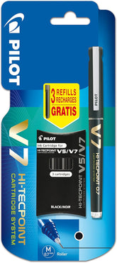 Pilot V7 Liquid Ink Rollerball pen with 0.7 mm tip in black ink, displayed with its sleek pen body and cap.