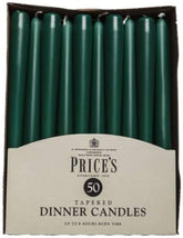 Unwrapped Price's Candle tapered dinner candles in evergreen color, 50-pack, suitable for elegant table settings and special occasions.