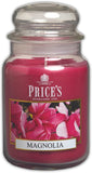 Large jar scented candle by Price's Candle with Magnolia fragrance, showcasing the elegant jar and floral design.