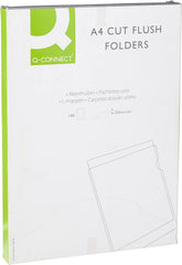 A pack of 100 Q-Connect A4 Clear Cut Flush Folders showing transparent plastic folders with a clean, flush edge design.