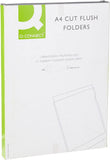 A pack of 100 Q-Connect A4 Clear Cut Flush Folders showing transparent plastic folders with a clean, flush edge design.