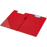 Red PVC foldover foolscap clipboard by Q-Connect with a sturdy clip and foldover cover for secure document holding.