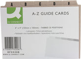 Q-Connect 6x4 inch index cards with A-Z buff guide, pack of 25, ideal for organization and note-taking.