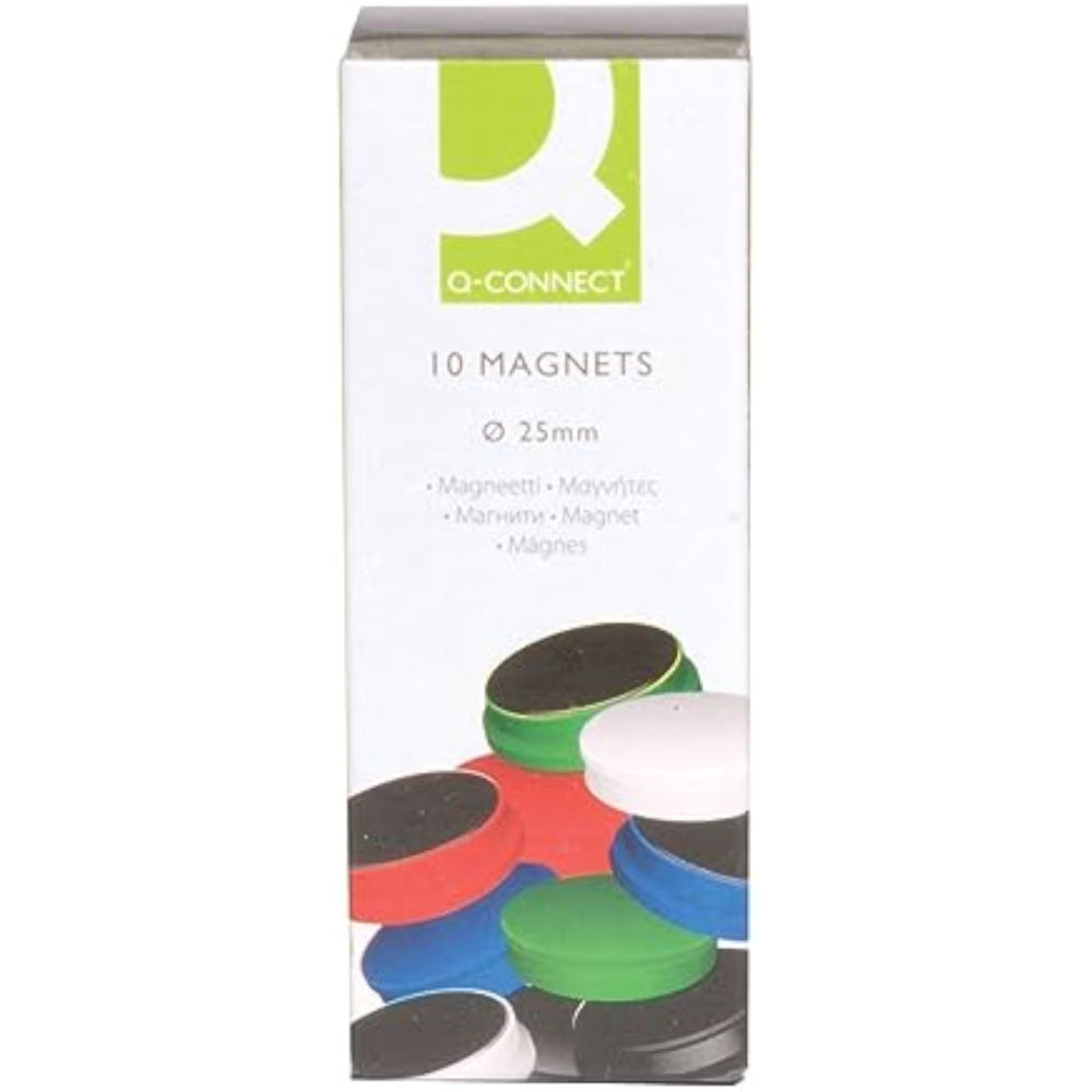 Set of 10 Q-Connect round magnets, 25mm, assorted colors, ideal for boards and crafts, featuring the Q-Connect brand logo.