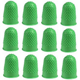 Q-Connect green thimblettes size 0, 16mm, pack of 12, flexible sewing and craft tools for finger protection and precision.