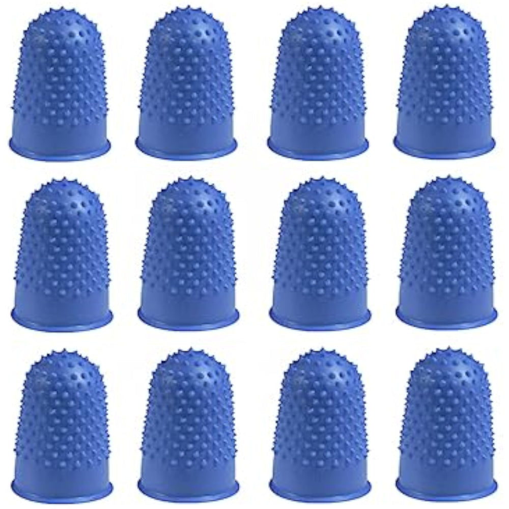 Blue Q-Connect Size 1 Thimblettes, pack of 12, designed for protective finger tips and light sewing tasks.