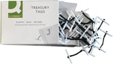 Green plastic-ended Q-Connect treasury tags, 25mm length, set of 100, used for organizing and tagging documents.