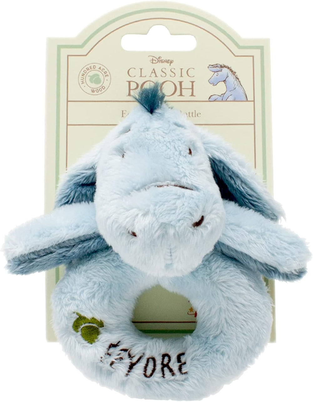 Rainbow Designs Classic Eeyore ring rattle baby toy in white, soft plush with Eeyore character, suitable for infants and sensory play.