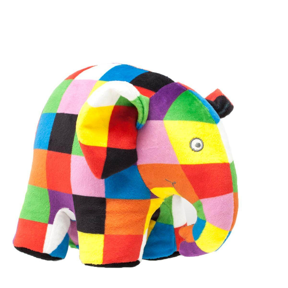 Colorful Rainbow Designs Elmer soft toy featuring its distinctive patchwork pattern, perfect for cuddling and play.