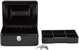 Black Rapesco cash box, 6-inch (15cm) size, with secure latch and sturdy metal construction for secure cash storage.