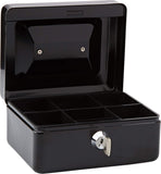 Black Rapesco cash box, 6-inch/15cm size, with secure latch and sturdy metal construction for coin and cash storage.