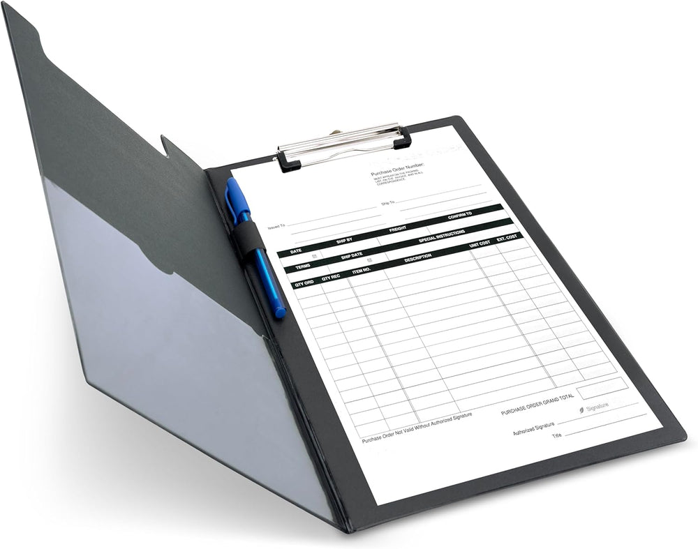 Black Rapesco standard clipboard with PVC cover for A4 and Foolscap paper, durable and lightweight for office or school use.