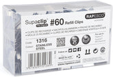 Rapesco Supaclip 60 stainless steel refill clips, bulk pack of 250, shown in a box ready for office or school use.