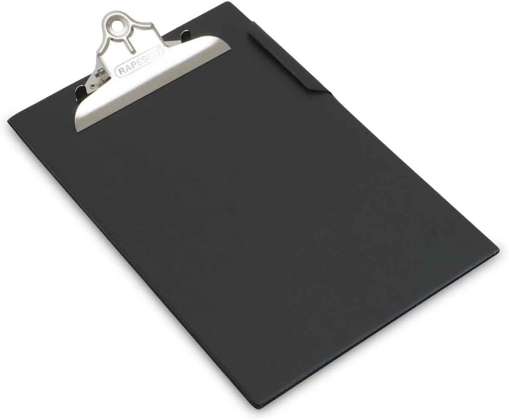 Rapesco heavy-duty black A4+ clipboard for filing and desk organization, made of durable material.