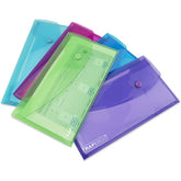 Set of five Rapesco 0690 transparent popper wallets in assorted colors, ideal for filing and storage.