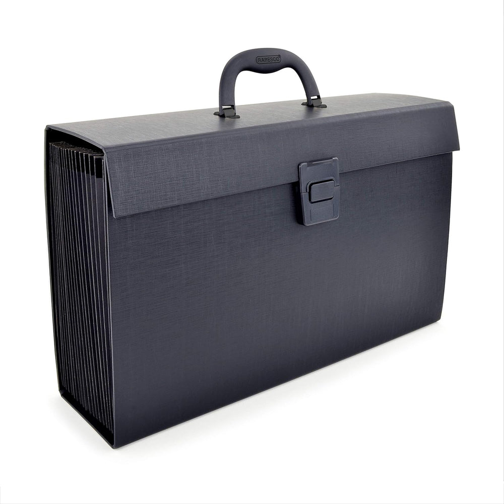 Rapesco 1555 19-part black expanding box file with tabs for A4+ documents, ideal for organizing files and paperwork.