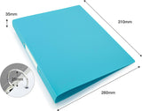 Set of four Rapesco A4 2-ring binders in aqua with antibacterial 35mm capacity, ideal for filing and storage.