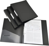 Black Rapesco A4 2-ring binders with antibacterial coating, 35mm capacity, shown in a pack of four for filing and storage.
