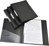 Black Rapesco A4 2-ring binders with antibacterial coating, 35mm capacity, shown in a pack of four for filing and storage.