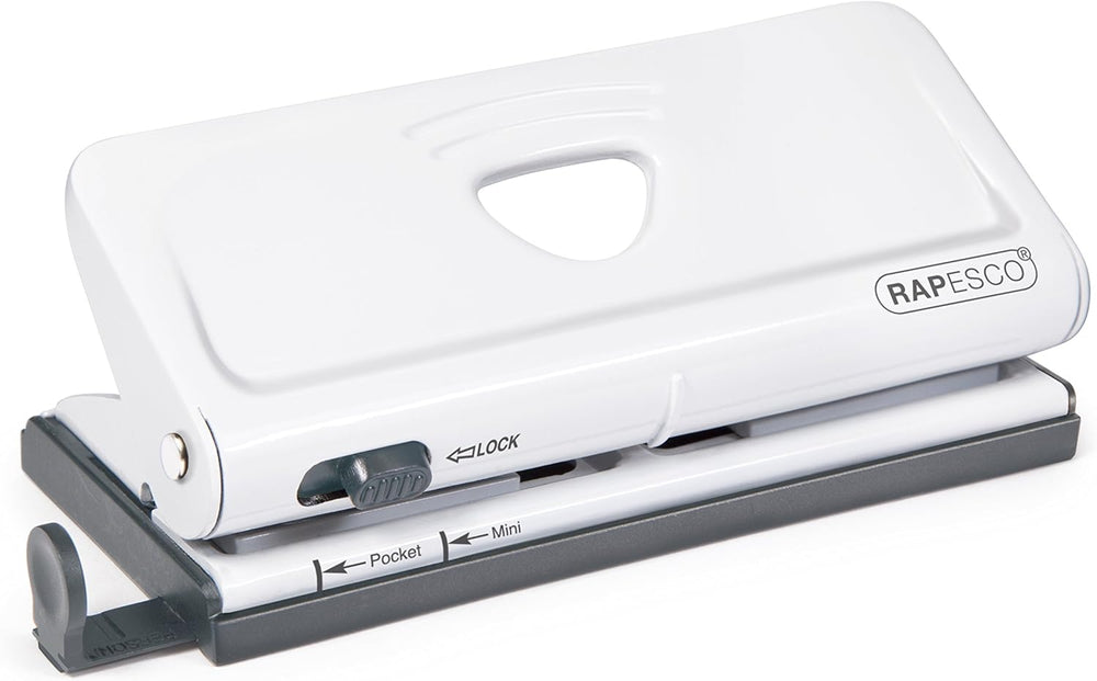 White Rapesco 1321 adjustable 6-hole diary punch for 10 sheets, suitable for hole punching in documents and binders.
