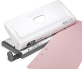 White Rapesco 1321 adjustable 6-hole diary punch for up to 10 sheets, showing its ergonomic handle and metal construction.