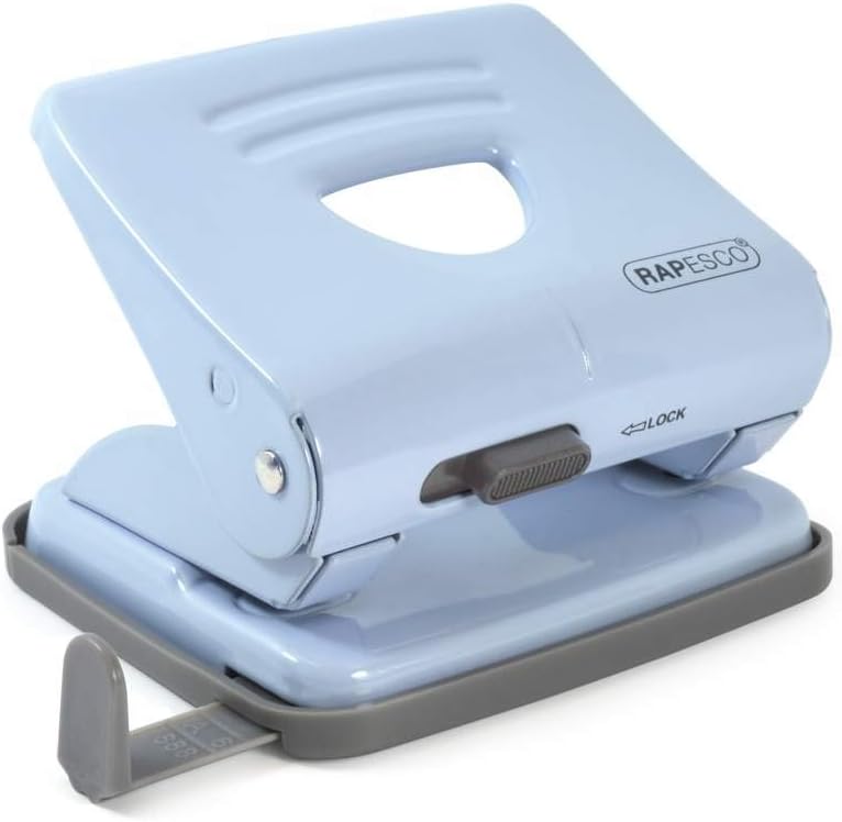 Rapesco 825 2-hole metal punch in powder blue punching up to 25 sheets of paper, designed for precise hole punching.