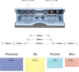 Rapesco adjustable 6-hole diary punch in powder blue, showing the hole punch with adjustable settings and metal punching mechanism.